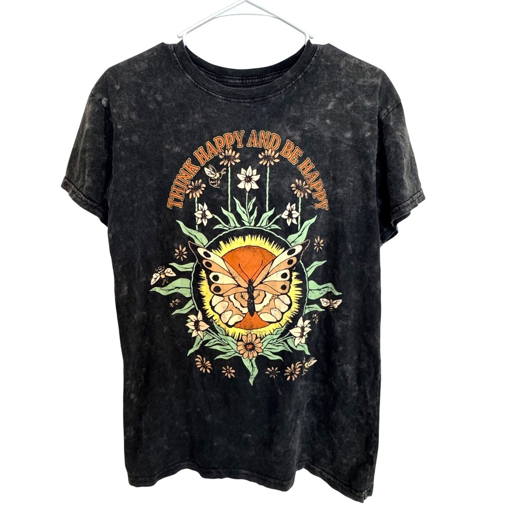 Walnut & 39th Graphic Tee Womens XS Black Cotton Acid Wash Butterfly Boho Trendy